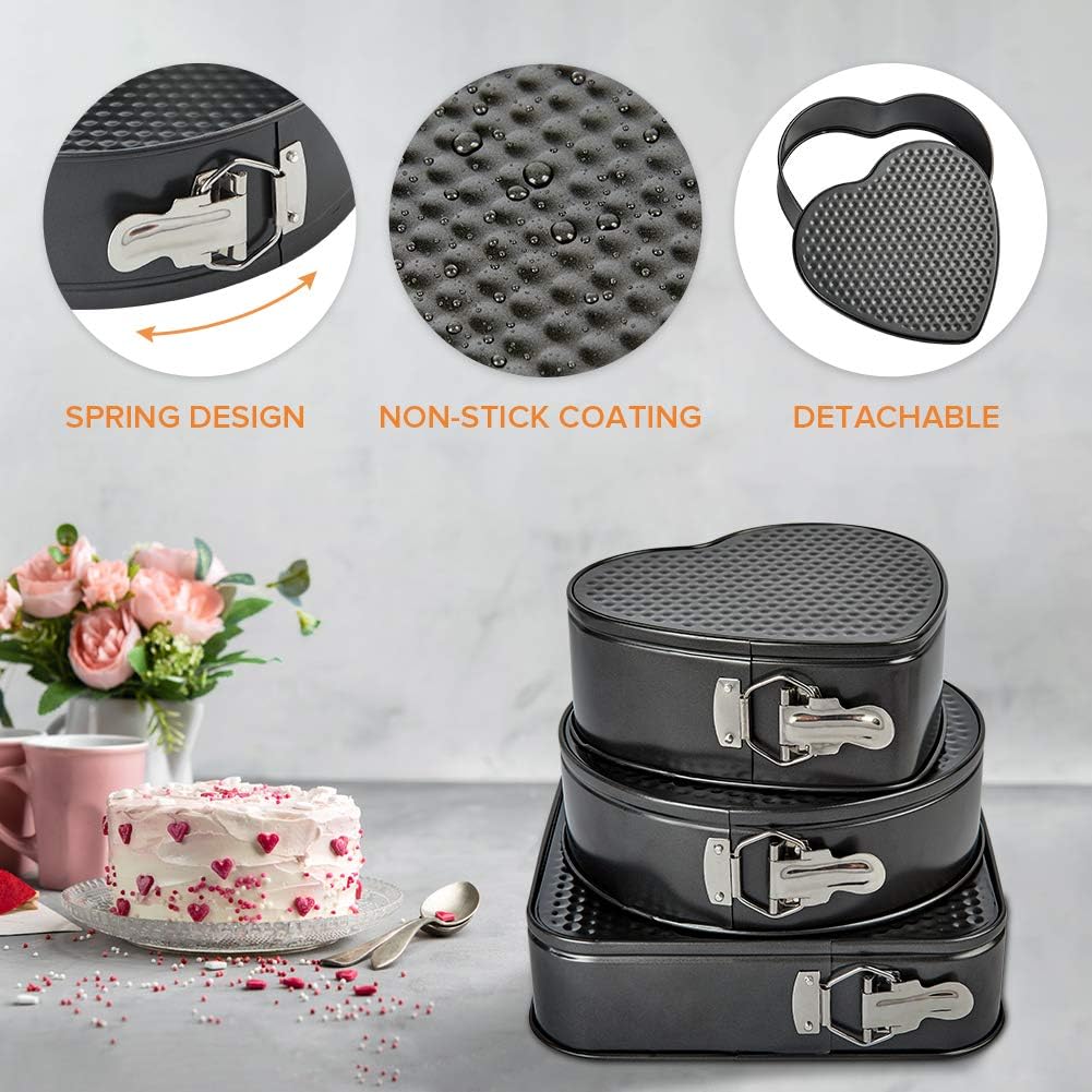 Springform Pan Set 3 Pieces/Set, Heart-shaped & Round &Square pan, Detachable, Non-stick, Baking Chesecake Pans Set for baker and baking enthusiast: Kitchen & Dining