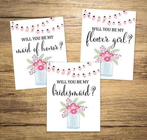 Will You Be My Bridesmaid Cards, Flower Girl, Maid of Honor, Etc, Any Title Combination, Mason Jar and String of Lights Bridal Party Proposal Note Cards Wedding Party Card Set