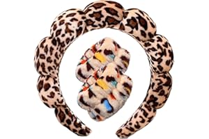 TETIZO Spa Headbands for Washing Face Wristband Set Sponge Makeup Skincare Headband Wrist Towels Bubble Soft Terry Towel Cloth Hairband for Women Puffy Headwear Non Slip Thick Thin Hair Headwear (Leopard)