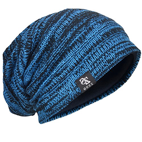 Men Oversize Skull Slouch Beanie Large Skullcap Knit Hat (Blue)