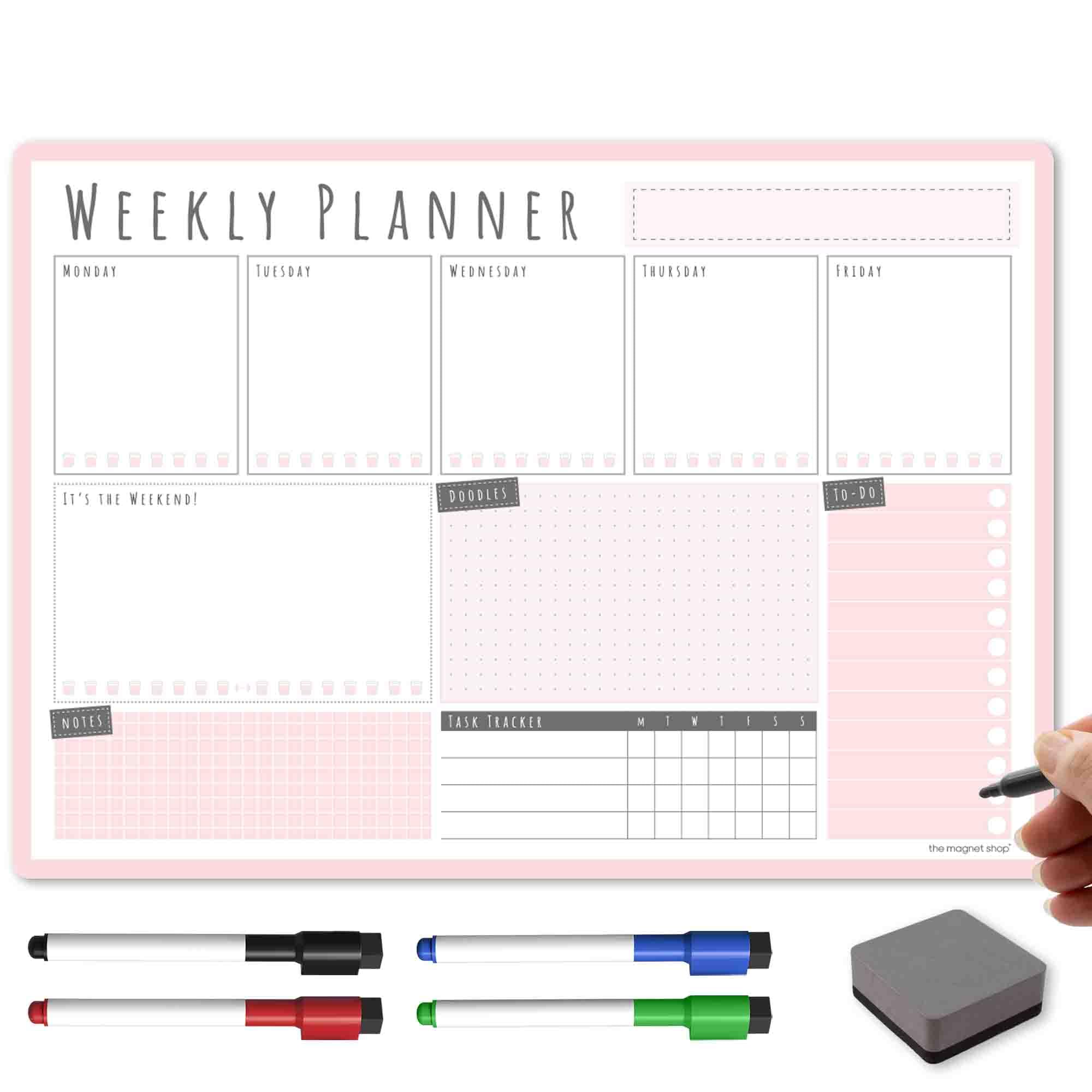 TMS Magnetic Weekly Planner/You Got This A3 | Dry Wipe Whiteboard Planner for Home, Office or Students | with 4 Dry Erase Pens and Eraser (Blush, A3-WP2)