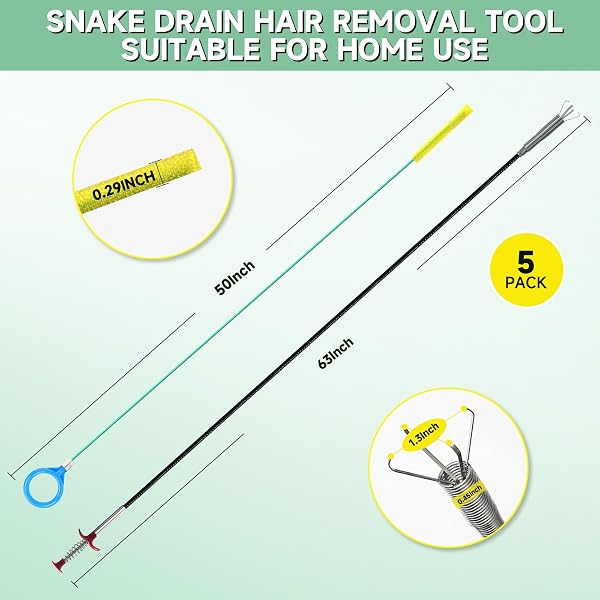SNAKE DRAIN HAIR REMOVAL TOOL (5 PCS): 4 X 50-INCH DRAIN HAIR REMOVERS + 63-INCH SHOWER DRAIN SNAKE BLOCKAGE REMOVAL TOOL, DRAIN BRUSHES FOR SHOWERS, TOILETS, BATHROOM SINKS AND BATHTUBS.