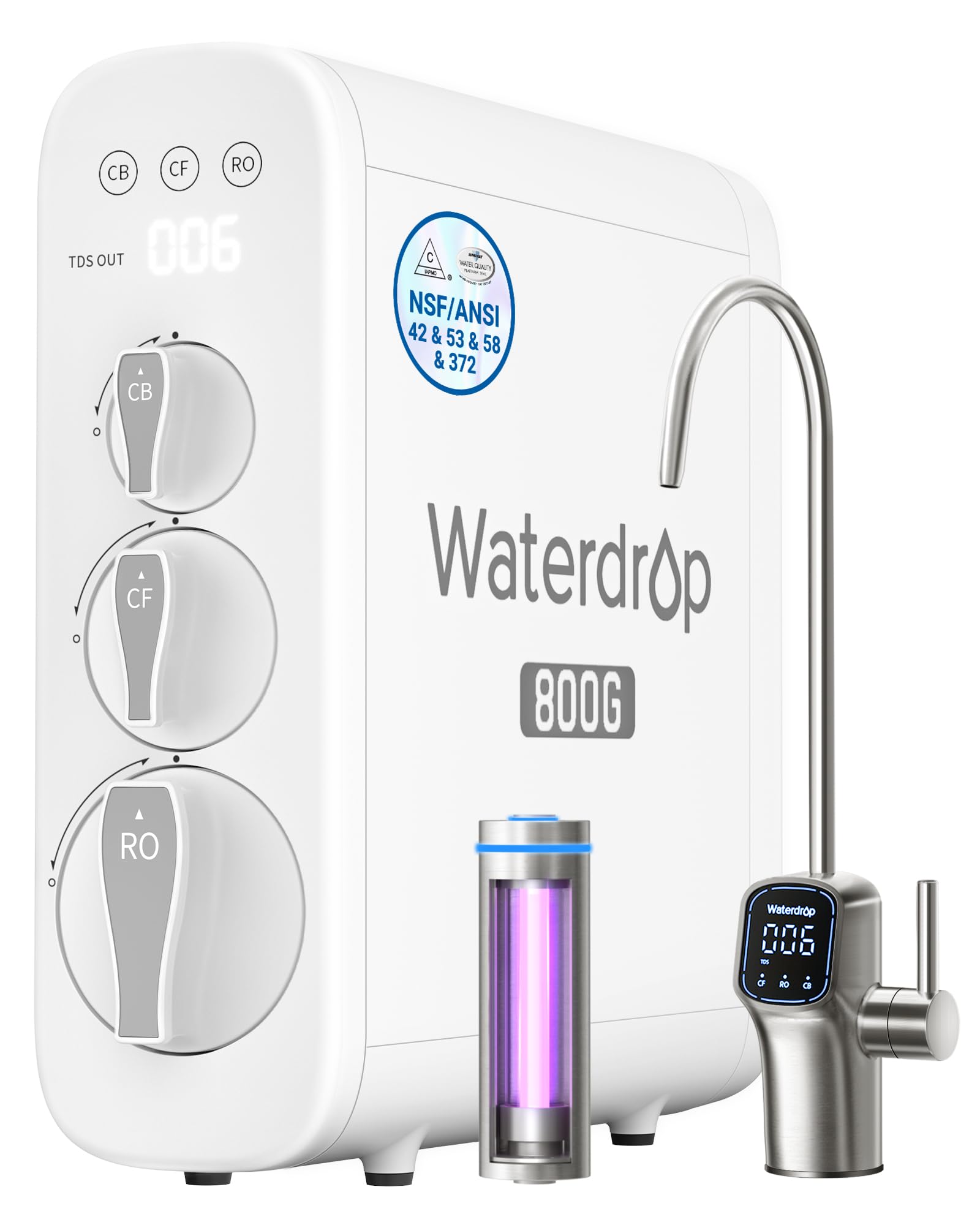 Waterdrop G3P800 Reverse Osmosis System, 800 GPD Fast Flow, NSF/ANSI 42 & 53 & 58 & 372 Certified, 3:1 Pure to Drain, Tankless Under Sink RO Water Filter System, LED Purifier, Smart Faucet
