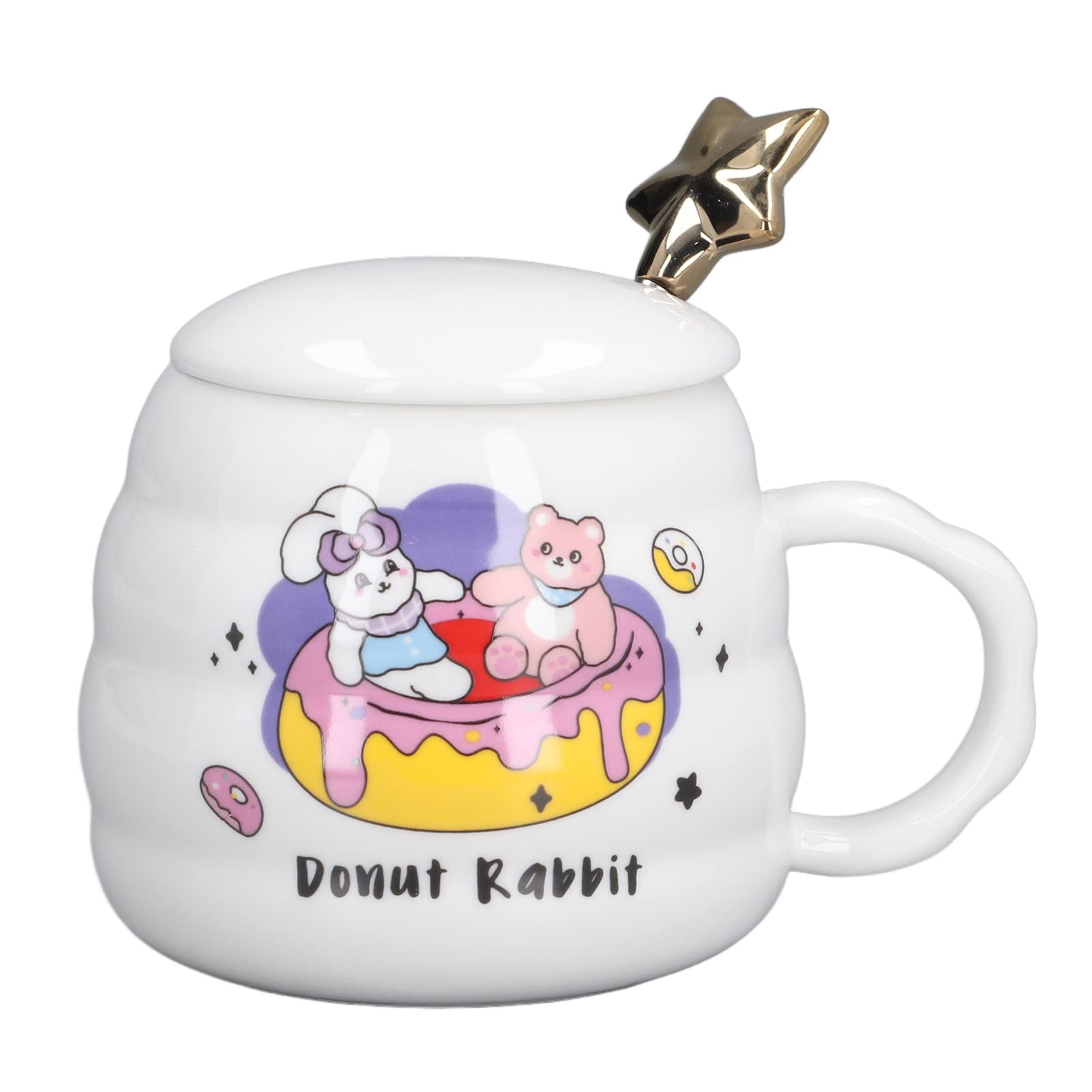 RANNYY Ceramic Coffee Cup,450ml Ceramic Coffee Cup Cute Tea Mug with Lid Spoon for Office Home Holiday Gifts(Donut)