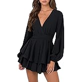 Nova In Sky Womens Sexy V Neck Long Sleeve Tie Waist Ruffle Hem Flowy Swing Mini Short Wrap Dress