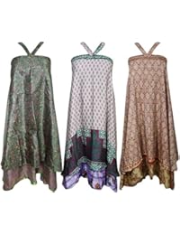 Mogul Womens Wholesale 3 Pcs Lot Indian Magic Wrap Around Skirt Two Layers Recycled Sari Dress