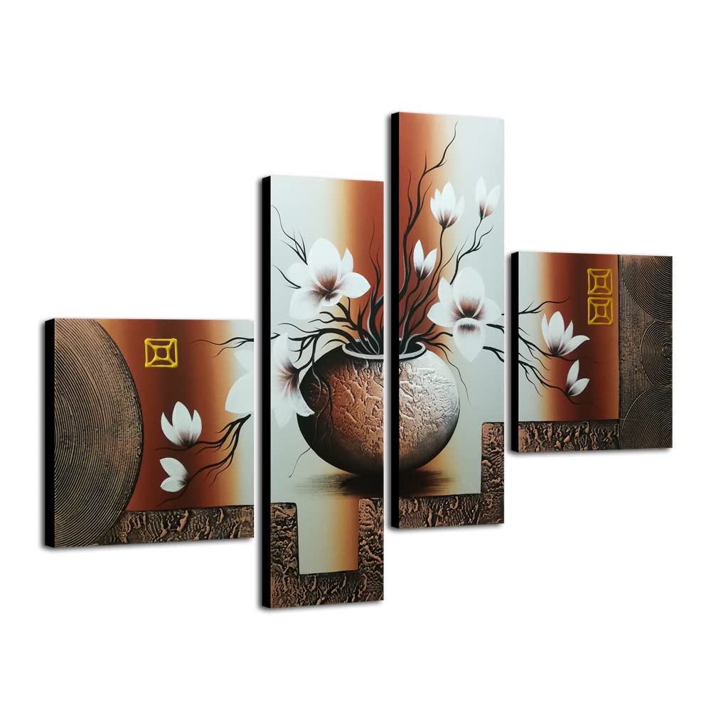Wieco Art - Large Size Decorative Elegant Flowers 4 Panels 100% Hand Painted Modern Contemporary Artwork Floral Oil Paintings on Canvas Wall Art for Home Decorations Wall Decor L