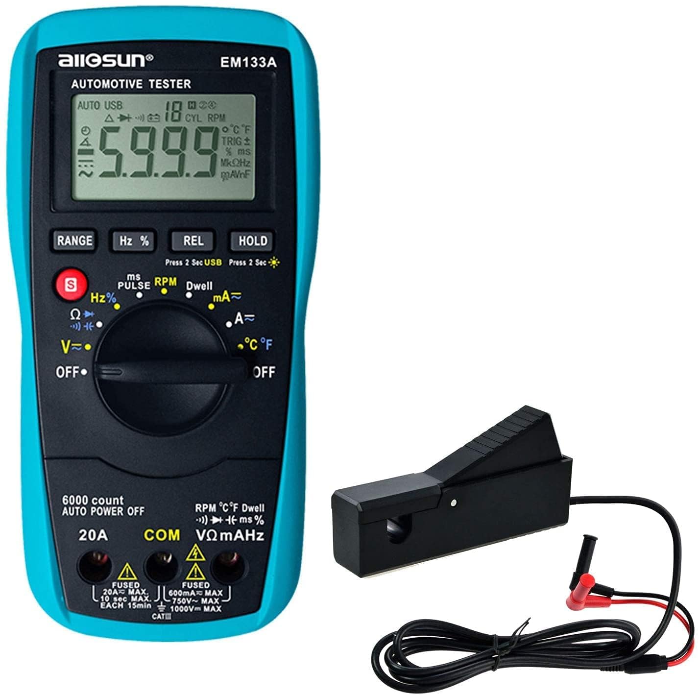 allsun Automotive Dwell Meter Digital Multimeter Autoranging TRMS 5999 Counts ACA/DCA Max.20A for RPM Dwell Angle Pulse Width Tach Temperature Duty Cycle Data Hold Test,Meter to PC EM133A