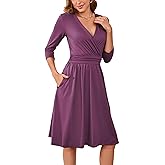 Women's Casual Dresses Vintage Wrap V-Neck 3/4 Sleeve Fit and Flare Midi Dress