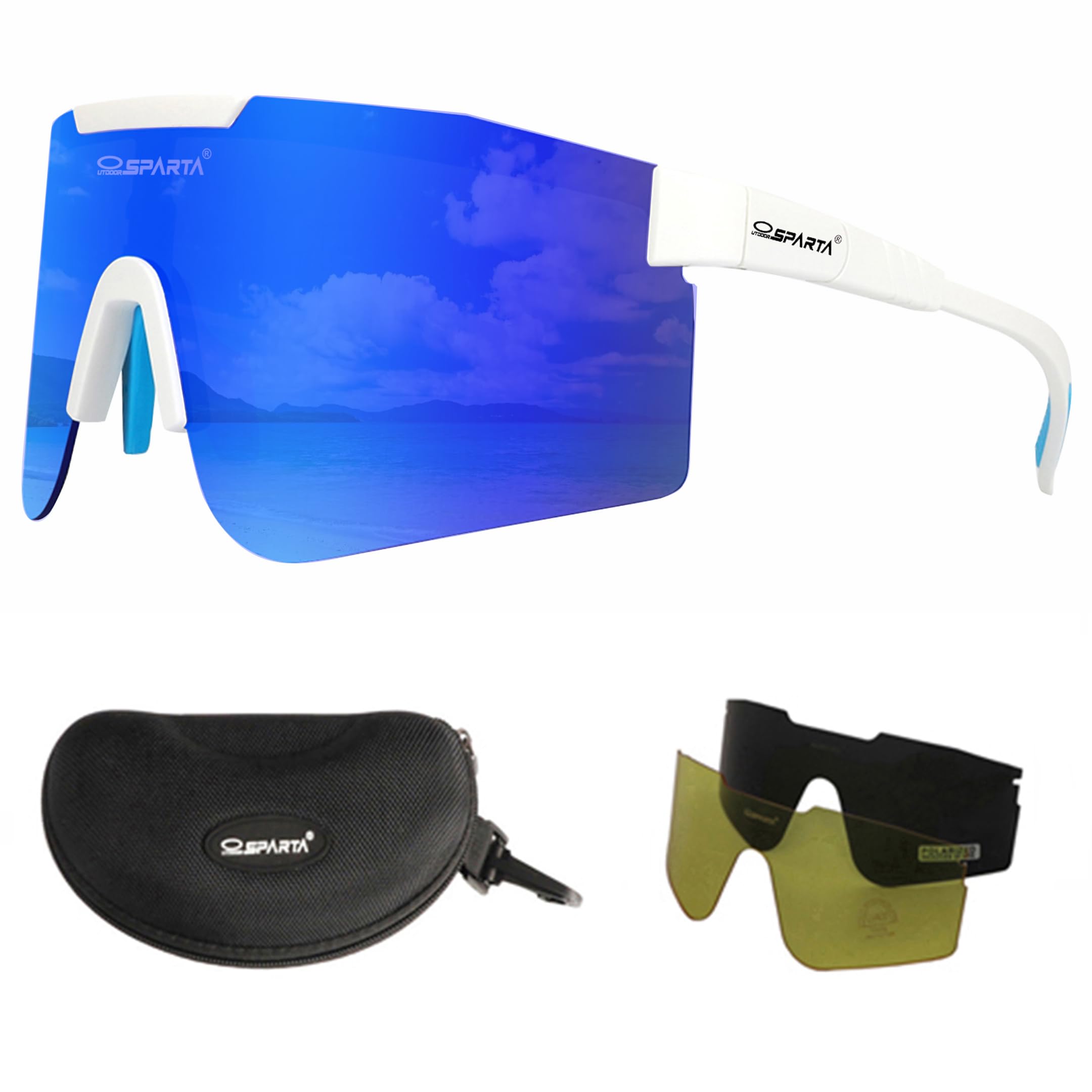 OUTDOORSPARTA Polarized Sports Sunglasses with 3 Interchangeable Lenses, Cycling Glasses,Baseball Golf Driving Sunglasses(5. Matte White Temple, Revo Blue Lens)