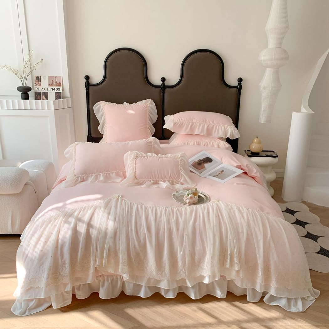 Photo 1 of IHOUSTRIY Lace Duvet Cover Twin Size, Chiffon Ruffled Beddding Set with Flower, 2 Pieces Comforter Cover Set with Zipper Closure, Girl Princess Bedding with Pillowcase - Pink, Twin