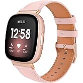 TiMOVO Leather Band Compatible with Fitbit Versa 4/Fitbit Versa 3/Fitbit Sense 2/Sense Watch Bands, Top Grain Genuine Classic Leather Replacement Wristbands Straps for Women Men, Pink