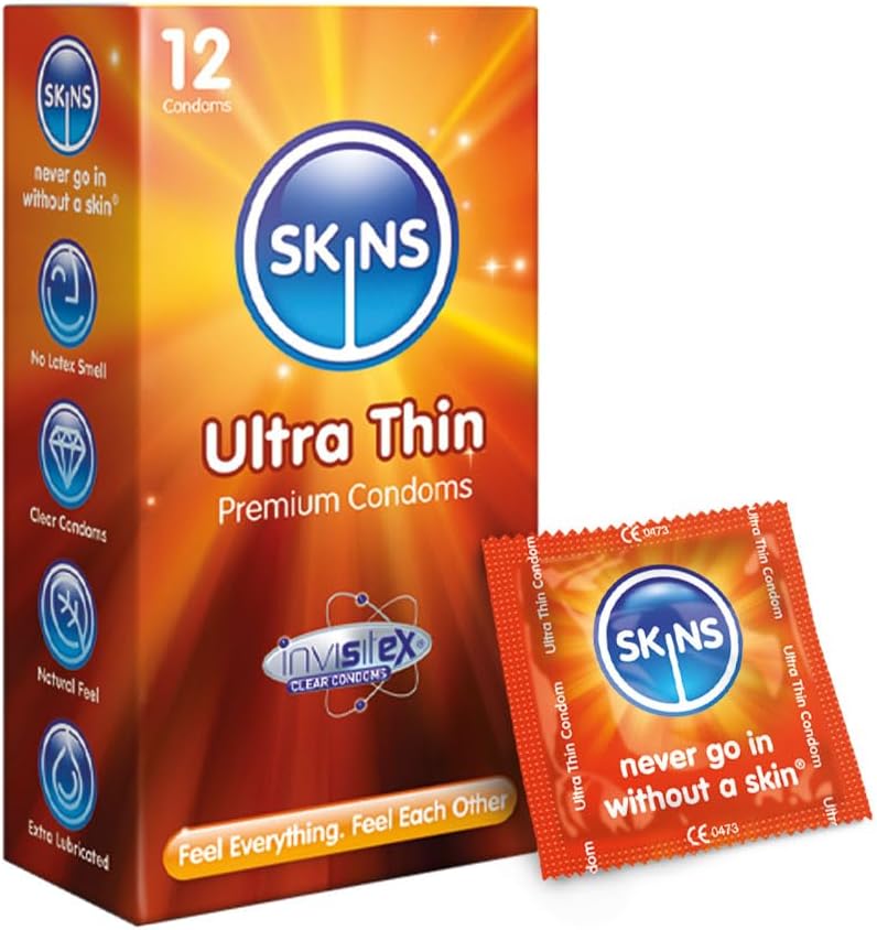 Skins Ultra Thin Premium Condoms 12 Pack - No Latex Smell, Extra Lubrication