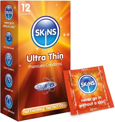 Skins Ultra Thin Premium Condoms 12 Pack - No Latex Smell, Extra Lubrication