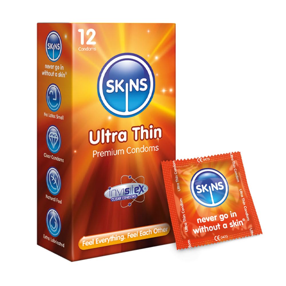 Skins AMSKUT12 Ultra Thin Premium Condoms Multipack, No Latex Smell and Extra Lubrication, Pack of 12