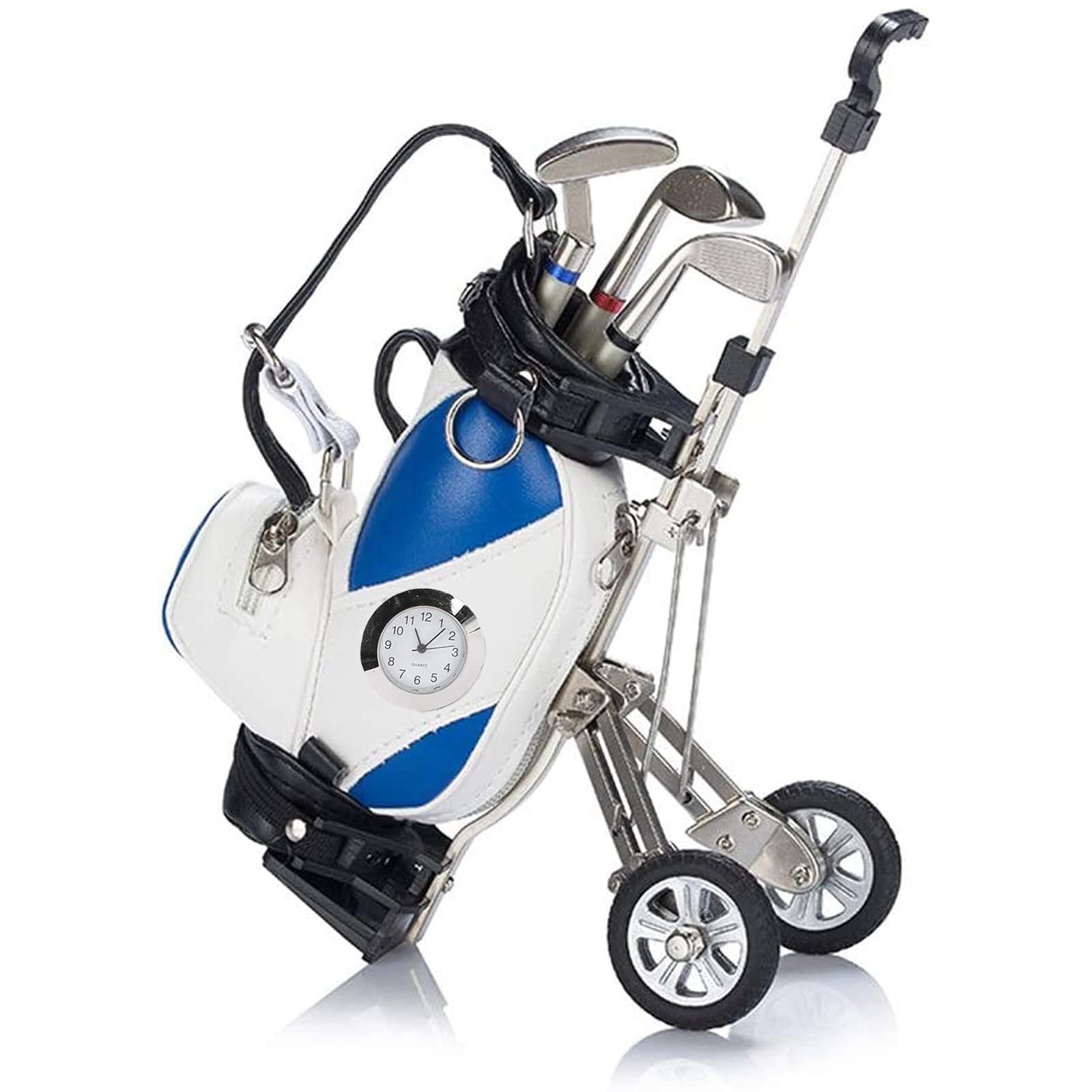 Mini Golf Pen Holder with Clock and 3 Pens Lawn Base for Desk, Golf Gifts Set Bag Cart Souvenirs Gifts for Men Dad Golfer Fans Fathers Day Desktop Ornament Desk Organisers (White/Blue - Golf Cart)