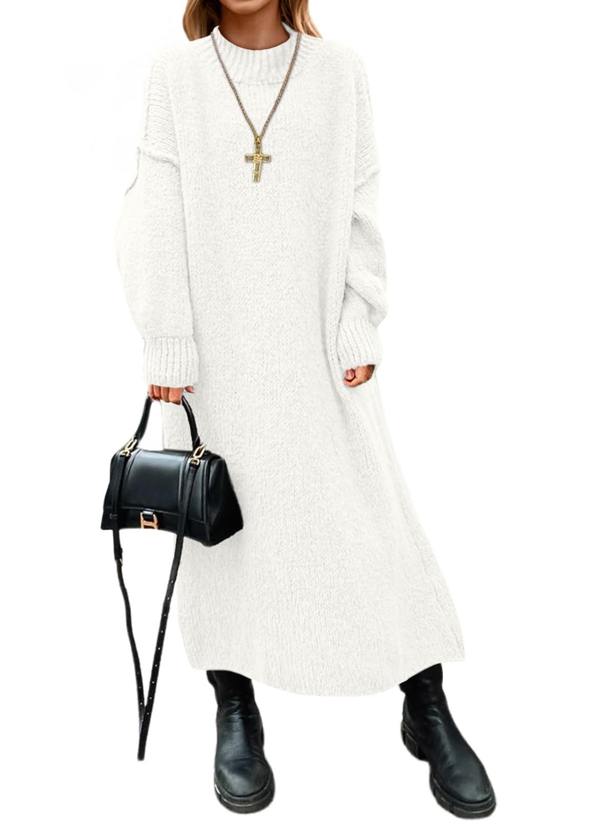 Photo 1 of *** CHECK COMMENTS***   Saodimallsu Womens Oversized Sweater Dress Mock Neck Long Sleeve Casual Warm Chunky Knit Fall Winter Maxi Dresses White