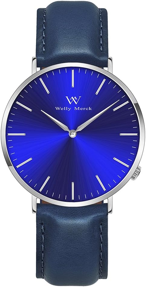 Welly Merck Swiss Movement Blue Luxury Watch Minimalistic Sapphire Crystal Mens Wrist Watch with 20mm Italy Genuine Leather Interchangeable Strap 5 ATM Water Resistant