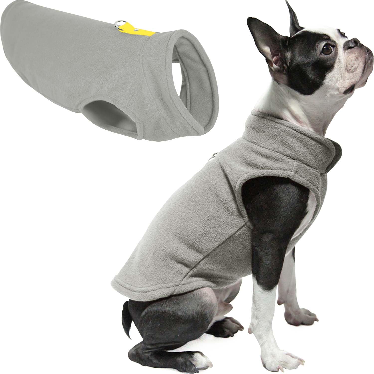 Gooby Fleece Vest Dog Sweater - Gray-Yellow, Large - Warm Pullover Fleece Dog Jacket with O-Ring Leash - Winter Small Dog Sweater Coat - Cold Weather Dog Clothes for Small Dogs Boy or Girl