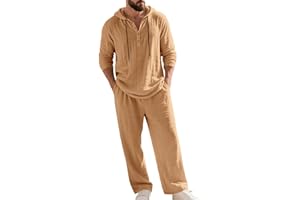 Men's Hooded Casual Loose Top & Pants 2-Piece Linen Set Long Sleeve Hoodie Henley Shirts Pants Summer Beach Lounge Outfits