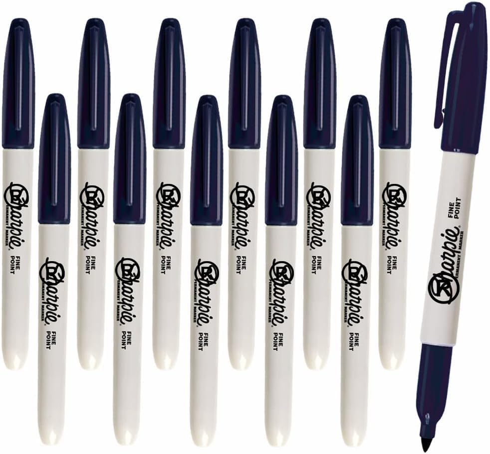 12 x Sharpie Permanent Marker Pens, Fine Point Tip, Navy Blue Colour Ink - Marks on Almost Any Surface - Loose in Plain Packaging