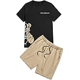 GORGLITTER Men's Letter Graphic Print T Shirts Short Sleeve Top & Shorts Casual Two Piece Sets