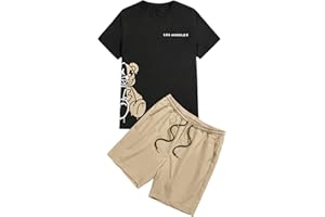 GORGLITTER Men's Letter Graphic Print T Shirts Short Sleeve Top & Shorts Casual Two Piece Sets
