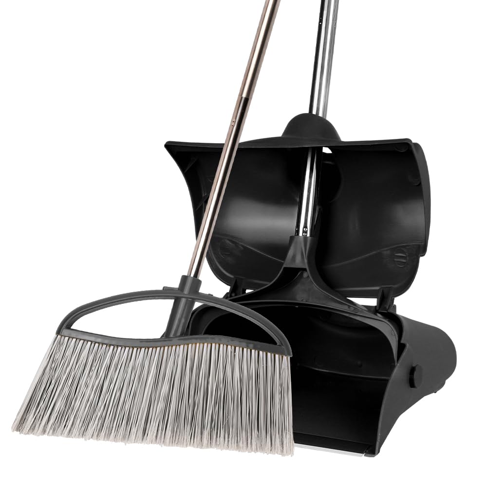 GLOYY Long Handled Broom and Dustpan Set Commercial Sweep Set and Lobby Broom Upright Grips Sweep Set with Broom, Adjustable Height，Black
