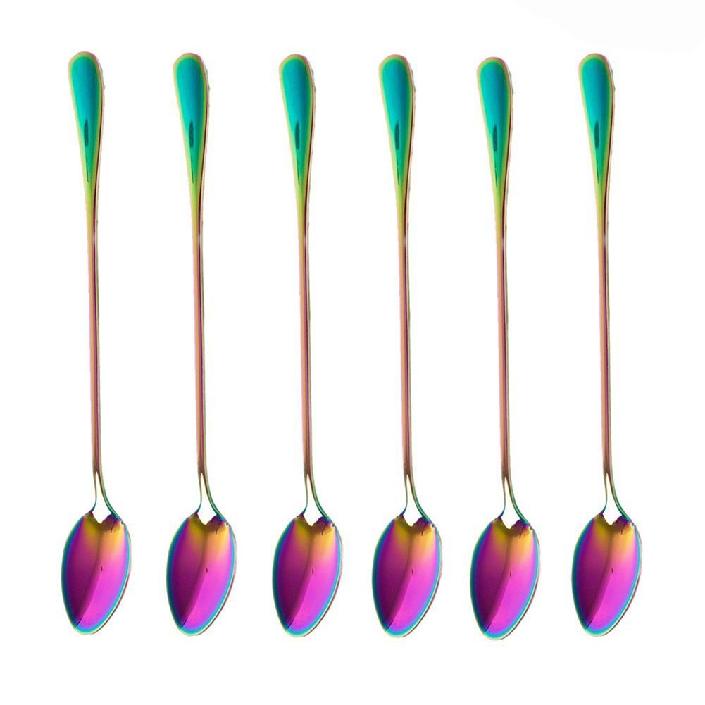 WOVELOT Coffee Teaspoons, Set of 6 Rainbow Color Coffee Spoon Long-Handle Ice Cream Desert Spoon Cocktail Stir Spoons Mixing Spoon, Pointed Head