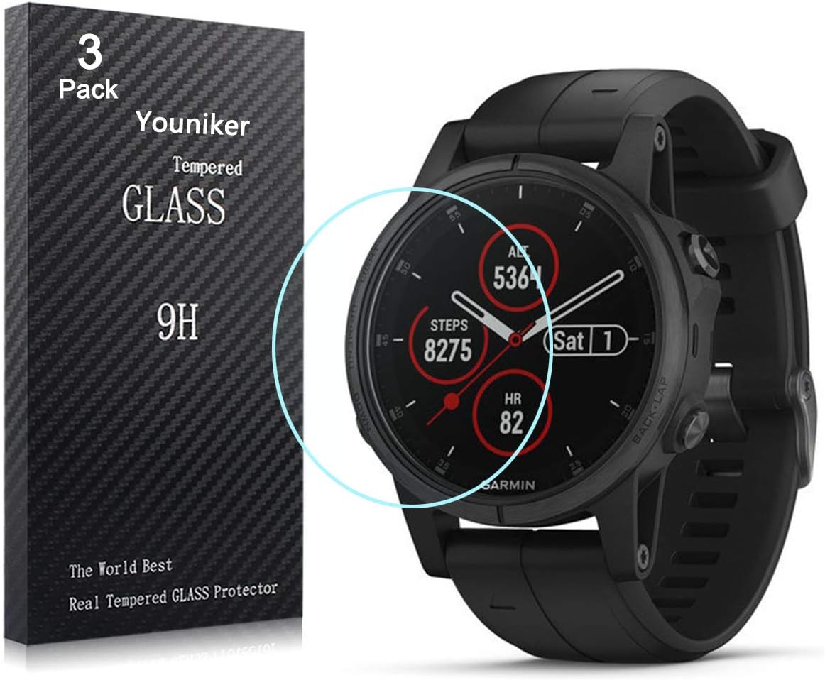 Youniker 3 Pack for Garmin Fenix 5S Plus Screen Protectors Tempered Glass for Garmin Fenix 5S Smart Watch Screen Protector Foils Glass Anti-Scratch Anti-Fingerprint Bubble Free
