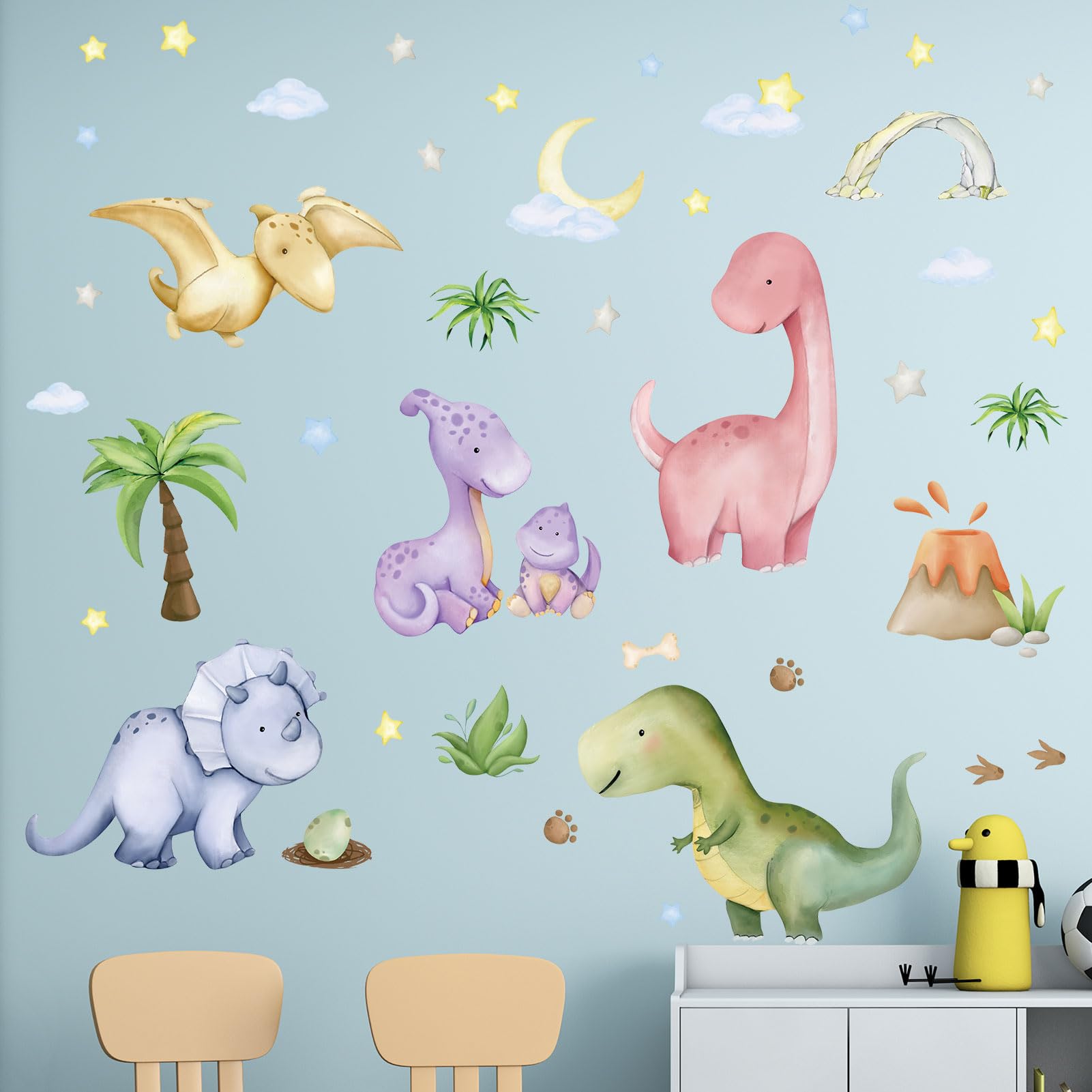 Kids Dinosaur Wall Stickers for Boys: Peel and Stick Volcano Cave Dino Eggs Wall Decals - Wall Art Decor Kids Supplies Ages 1-12 Year