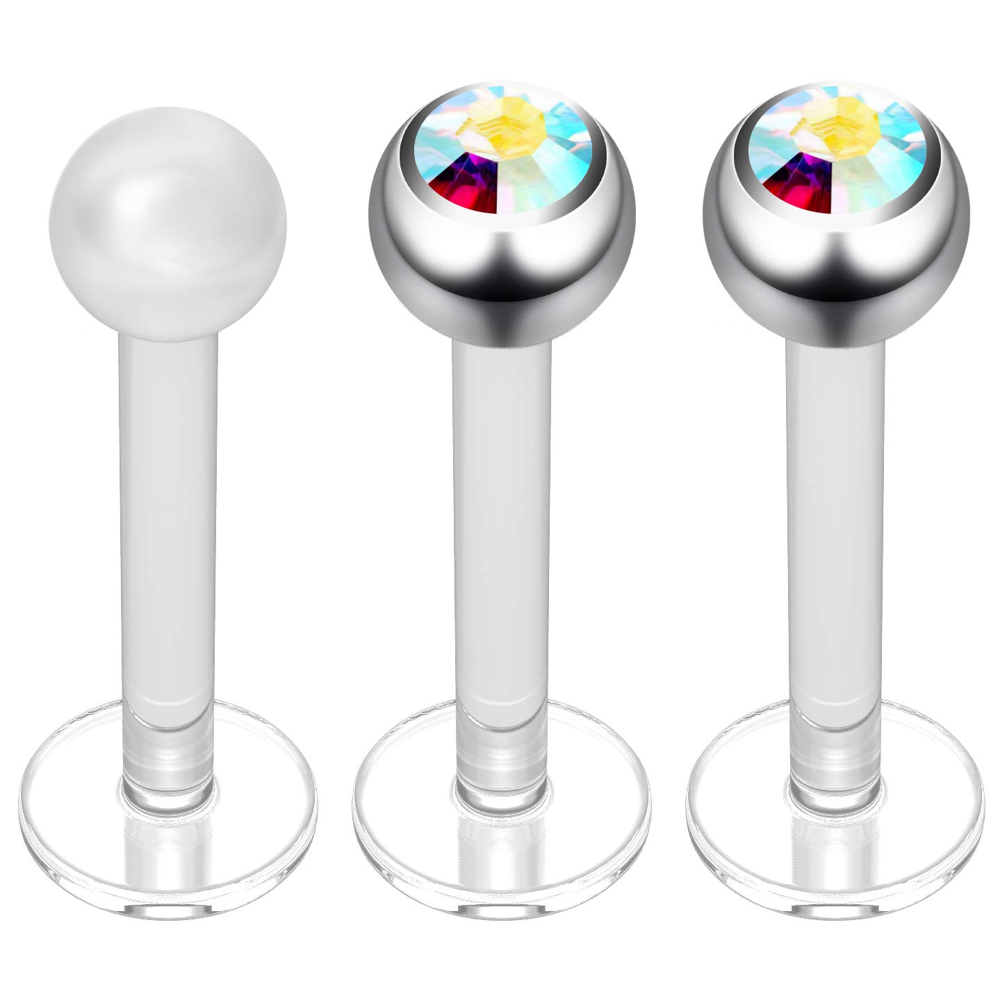 2pc 16g 1.2mm Bioplast Labret Bar Stud Earrings 3mm AB Gem CZ Tragus Piercing Jewellery 8mm + Clear Retainer Keeper