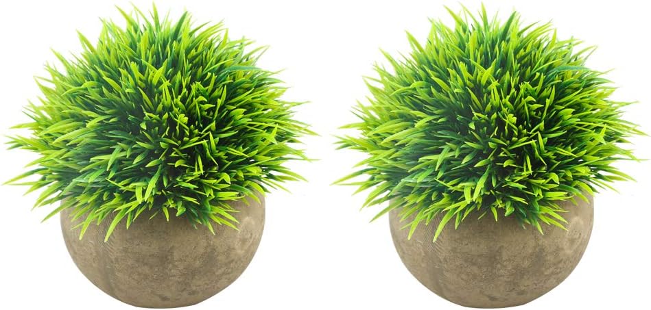 Svenee Mini Artificial Plants, Plastic Fake Green Grass Faux Greenery Topiary Shrubs with Grey Pots for Bathroom Home Office Décor, House Decorations (Green-A, 1) -