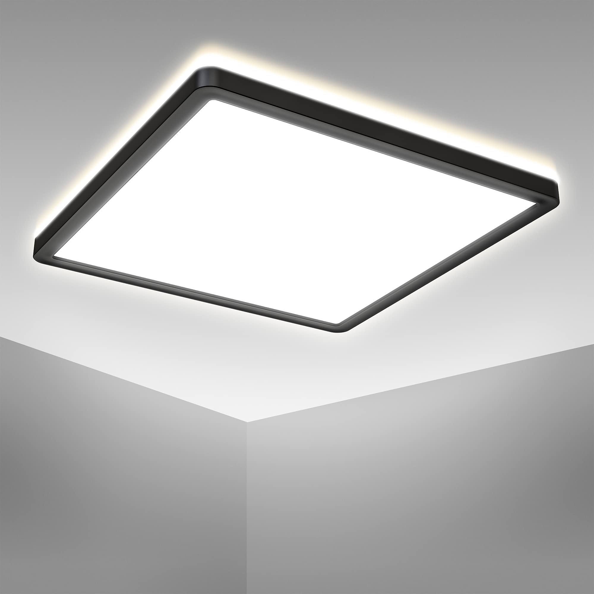 B.K.Licht Square LED Ceiling Light, Ultra-Flat, Built-in 18W LED Board, 4000K Neutral White, 2400Lm, 1.1in Height, 11.5x11.5in, Indirect Ceiling Backlight, Black Finish, Modern Ceiling Panel IP20