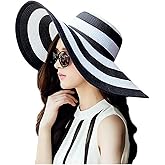 Women Wide Brim Straw Hat Foldable Beach Floppy Sun Hat Black White Stripe