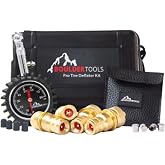 BOULDER TOOLS Adjustable Automatic Tire Deflator - 80 PSI Air Down Kit | 4 Automatic Deflators, 80 PSI Pressure Gauge, Black Valve Caps, Chrome Valve Caps
