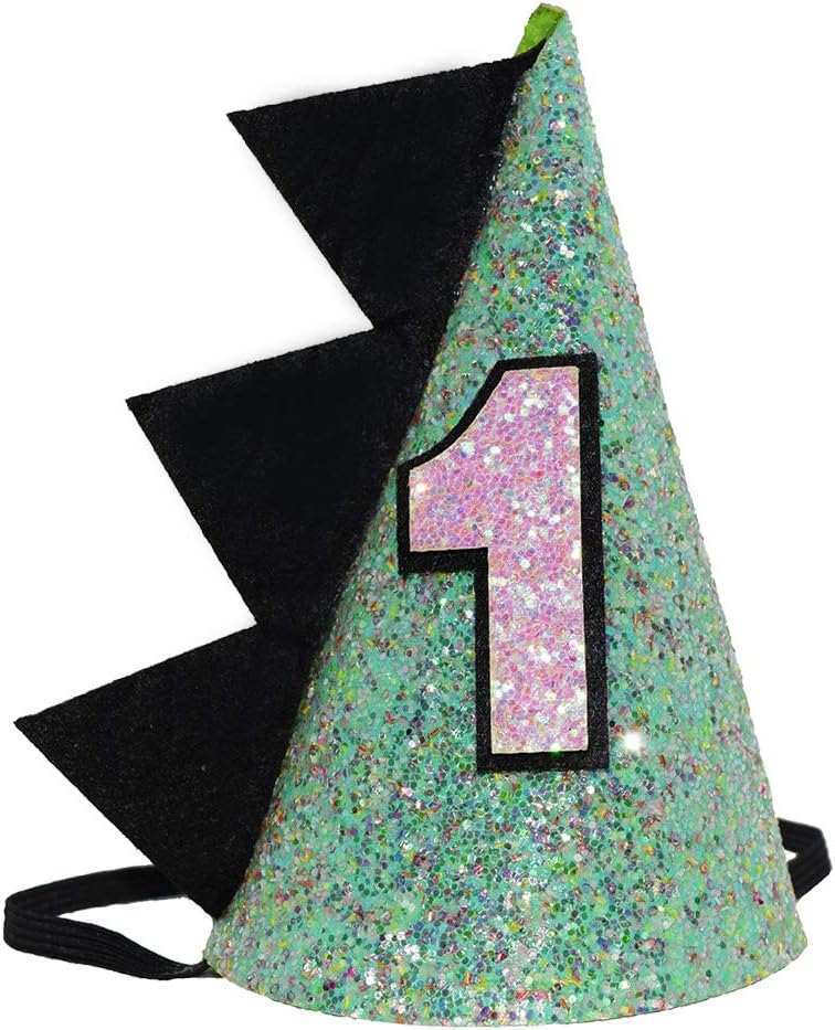 Celebris Glitter Dinosaur 1st Birthday Cone Hat Baby Boy Dinosaur Dragon Party Hat for Cake Smash First Birthday Party Supplies (Green)
