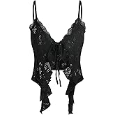 CIDER Going Out Tops for Women Y2K Tie Front Asymmetrical Ruffle Hem Lace Spaghetti Strap Cowgirl Crop Tops