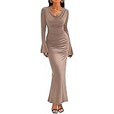 ZESICA Women's 2026 Fall Long Sleeve Ruched Knit Bodycon Maxi Dress Cowl Neck Back Slit Formal Wedding Guest Cocktail Dresses