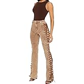 Women Straight Leg Jeans Casual Y2k High Waisted Lace UP Split Hem Jeans Slim Fit Trendy Denim Pants