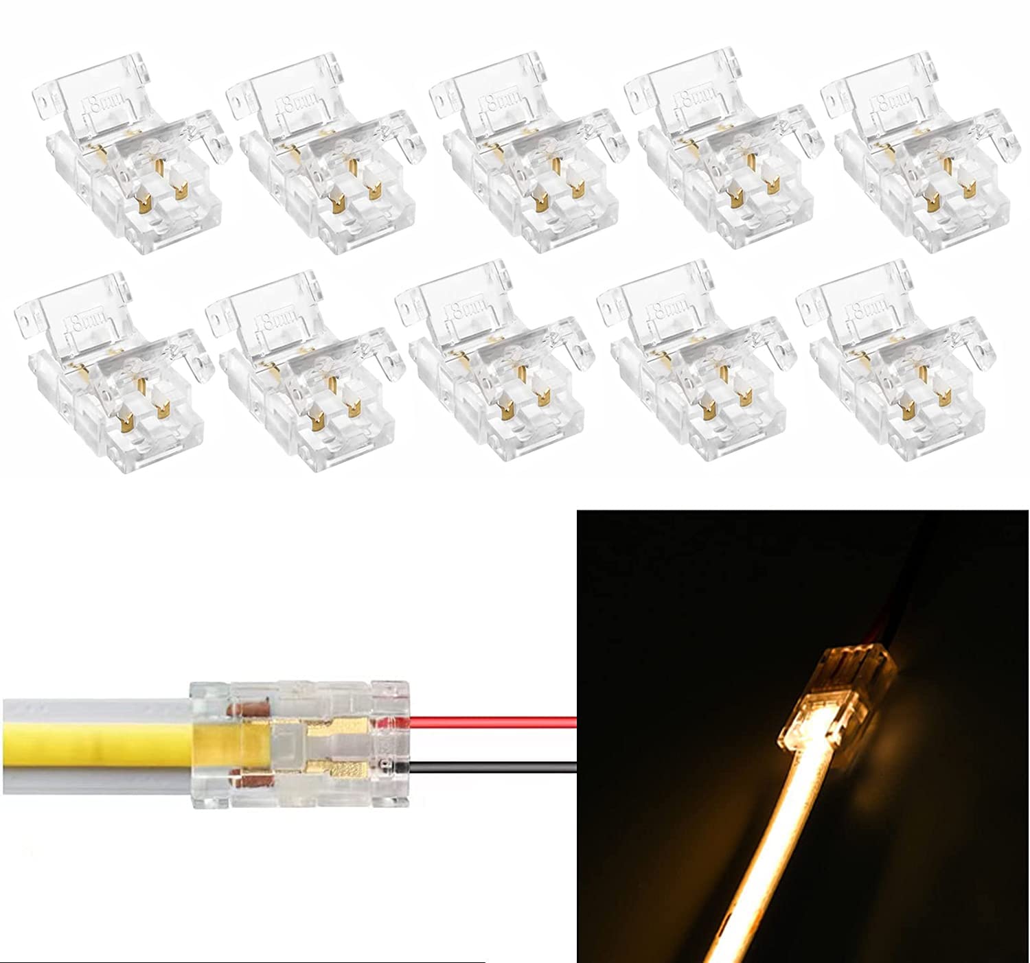 Amefil 2 Pin 8mm COB LED Strip Connectors, Gapless Solderless Extension Connection,Strip to Wire Quick Connection for Singel Color COB LED Strip (2p8mmBX)