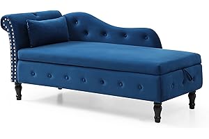 RARZOE Tufted Velvet Chaise Lounge Indoor with Storage, Upholstered Rolled Arm Chaise Lounges Indoor Chair,Right Arm Facing Chaise Lounge with Nailhead Trim for Living Room Bedroom Office,Blue