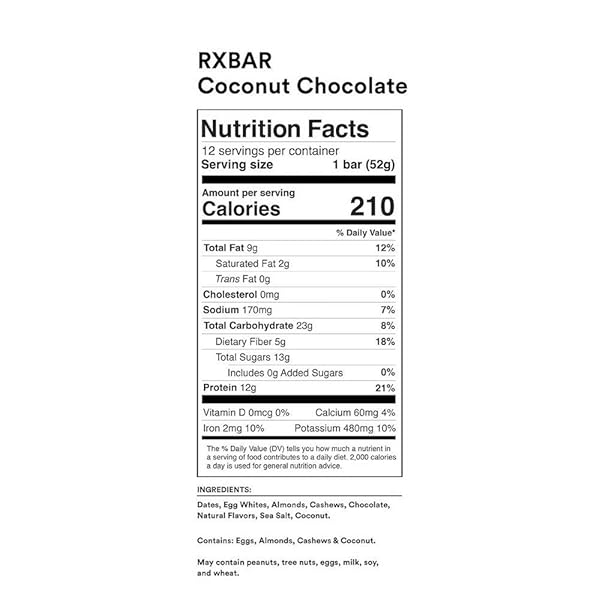 RXBAR, COCONUT CHOCOLATE, PROTEIN BAR, 1.83 OUNCE (PACK OF 12), HIGH PROTEIN SNACK, GLUTEN FREE