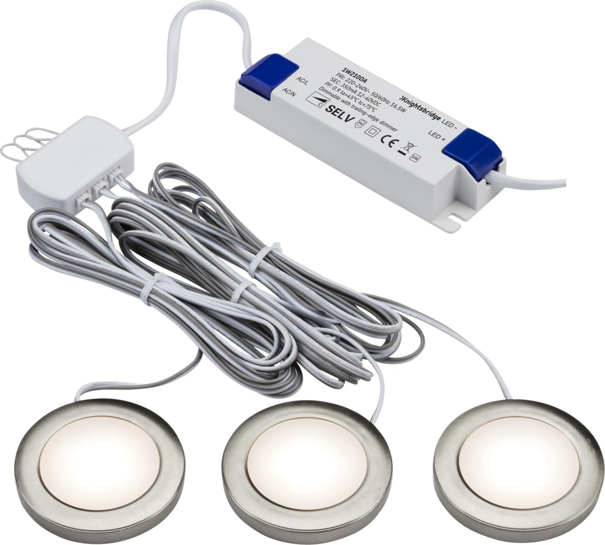 Knightsbridge Pack of 3 Warm White LED Dimmable Under Cabinet Lights in Brushed Chrome UNDKIT3BCWW