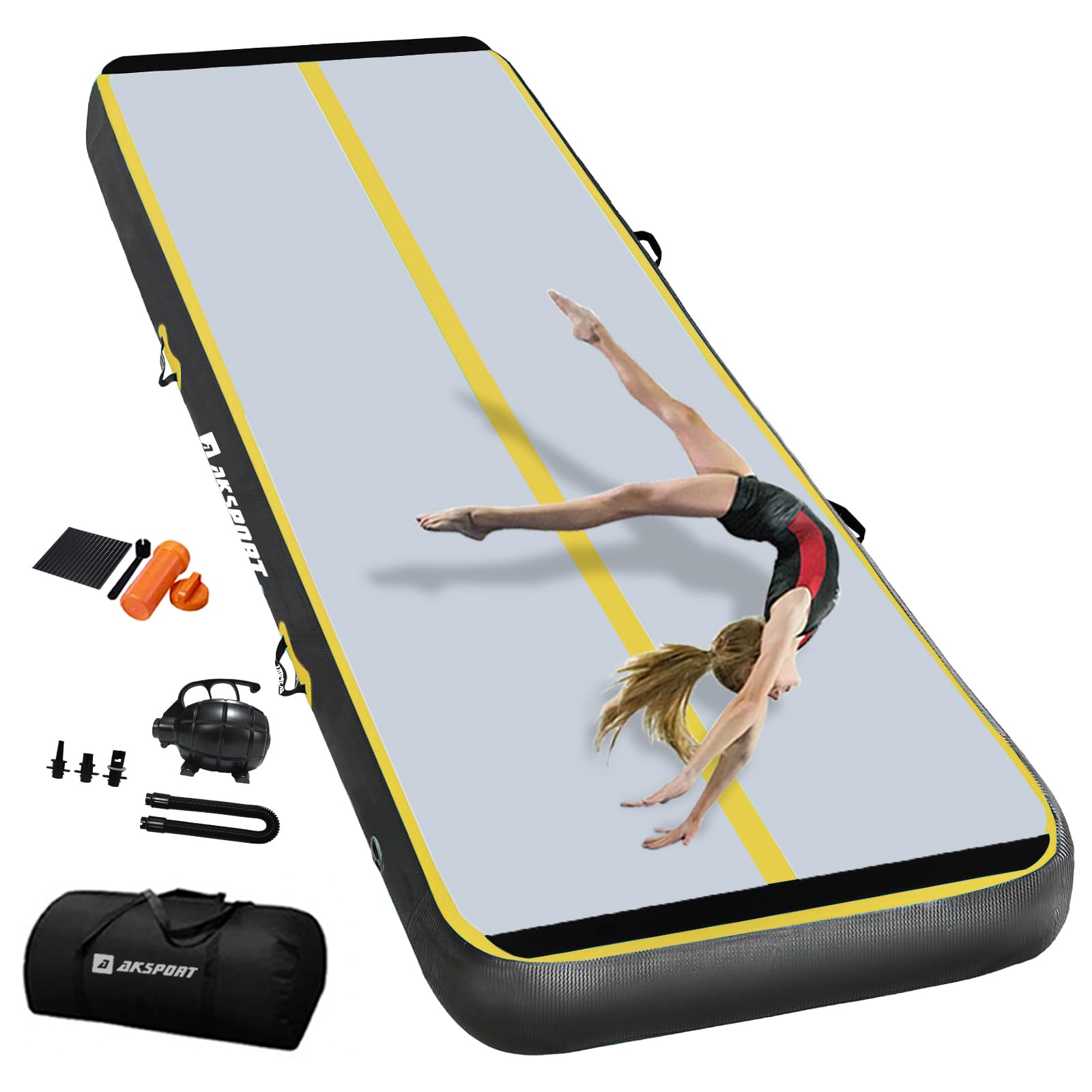 AKSPORT Air Mat Tumble Track Gymnastics Tumbling Mat Inflatable Floor Mats with Air Pump for Home/Tumble/Gym/Training/Cheerleading/Parkour 10/13/16/20/23/26/29/33ft (yellow-black, 300x150x15cm) Image AKSPORT Air Mat Tumble Track Gymnastics Tumbling Mat Inflatable Floor Mats with Air Pump for Home/Tumble/Gym/Training/Cheerleading/Parkour 10/13/16/20/23/26/29/33ft (yellow-black, 300x150x15cm) Image