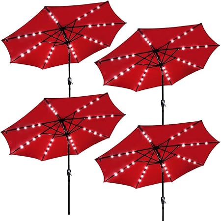 Amazon Com Yescom 9 Outdoor Solar Powered Led Umbrella 8 Ribs W 32 Lights For Patio Garden Deck Crank Tilt Uv30 Red Pack Of 4 Garden Outdoor