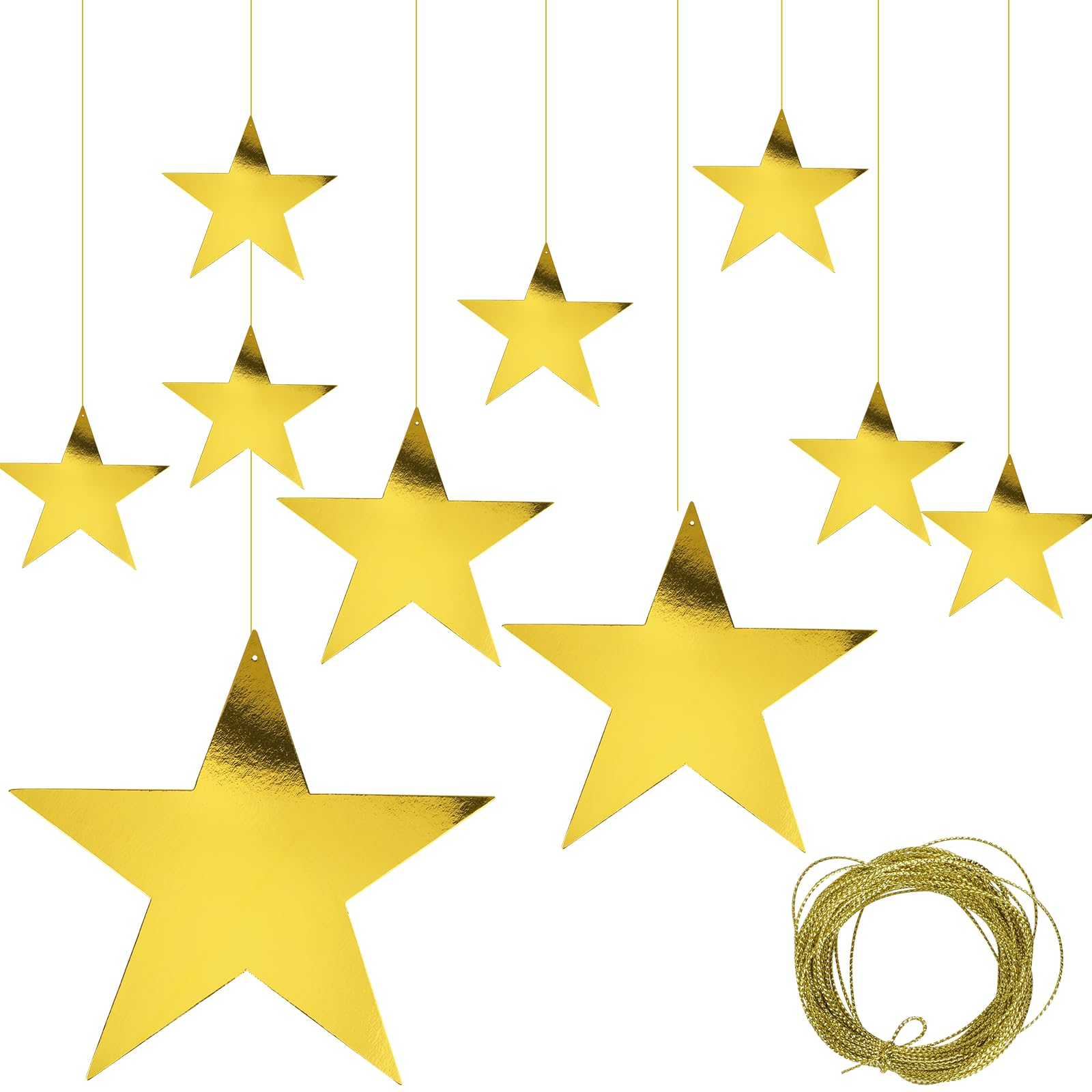 Photo 1 of 24pcs Gold Cardboard Stars Glitter Star Cutouts Paper Stars Decorations Star Wall Decor Confetti Cutouts for Valentine's Day Movie Night Party Decoration, 4 Sizes and 50m/54.68 yd Nylon Gold Line