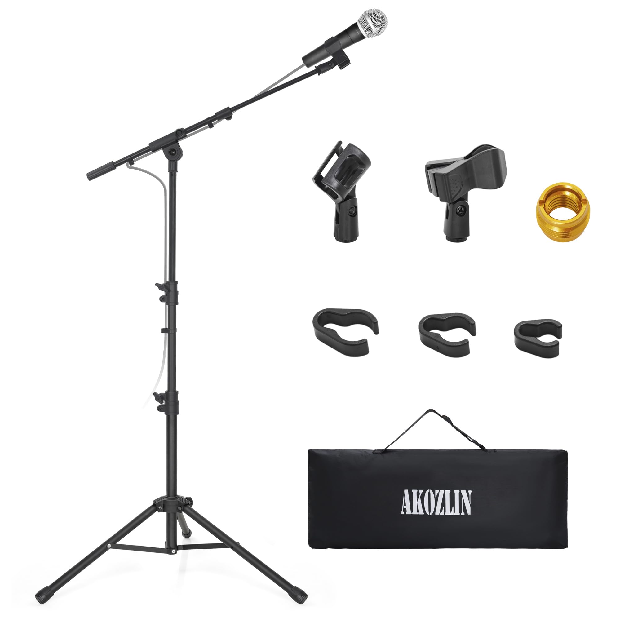 AKOZLIN Microphone Stand, Boom, Tripod Stand, Foldable, Extendable Arm, 360° & Height Adjustable, Includes 2 Microphone Holders, Storage Case, Stand, Great for Workshops, Lives, Speeches, Broadcasts
