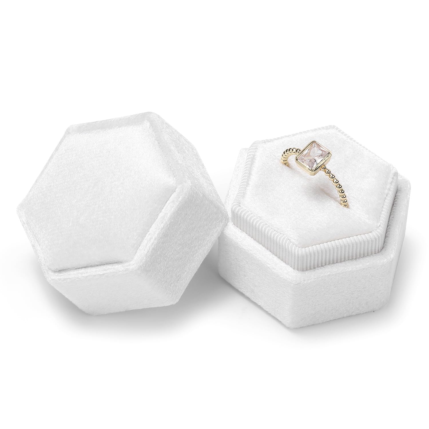 Photo 1 of Etercycle Velvet Ring Box - Vintage Hexagon Premium Jewelry Display Holder Gift Box with Detachable Lid for Wedding Ceremony Proposal Engagement (White, 1 Slot)