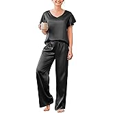Ekouaer Women's Satin Silky Pajama Set 2 Piece Short Sleeve Shirt with Long Pants Pjs Sets Soft PJ Loungewear S-XXL